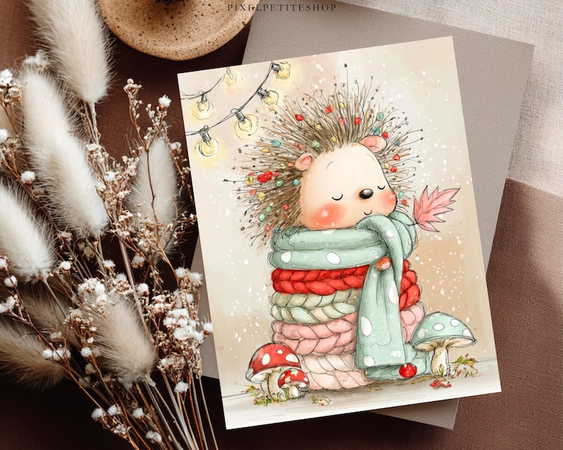 May include: A rectangular art print featuring a watercolor illustration of a hedgehog with spiky hair decorated with colorful lights, wrapped in a thick, multi-colored knitted scarf, holding a pink leaf, with mushrooms at its base.