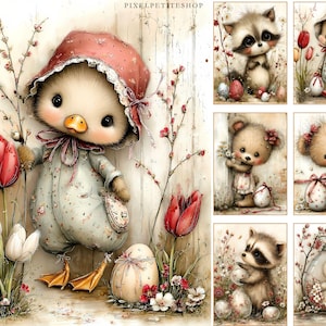 May include: Watercolor illustration featuring a cute duckling wearing a bonnet and floral pajamas, holding a red tulip. The image includes other illustrations of animals, flowers, and eggs. The text "PIXELPETITESHOP" is at the top.