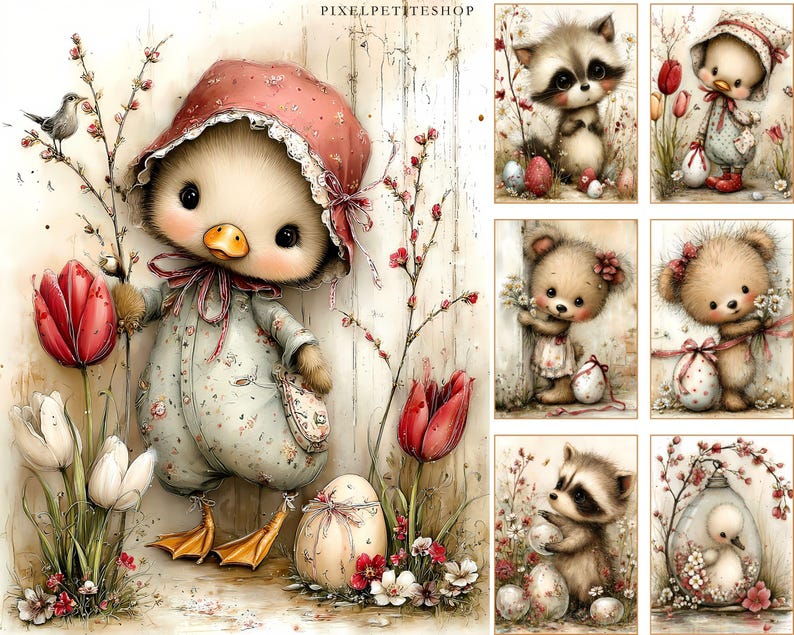 May include: Watercolor illustration featuring a cute duckling wearing a bonnet and floral pajamas, holding a red tulip. The image includes other illustrations of animals, flowers, and eggs. The text "PIXELPETITESHOP" is at the top.