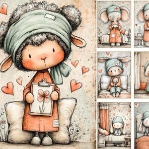 May include: Watercolor illustrations of adorable animals in medical attire. A sheep, elephant, bunny, and duck are depicted with medical headbands and holding items. The artwork features soft colors, hearts, and a vintage aesthetic.