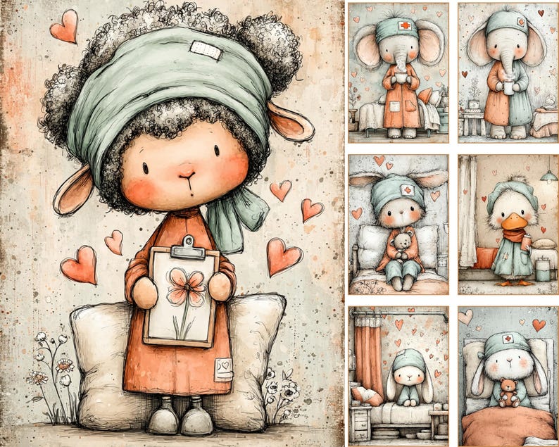 May include: Watercolor illustrations of adorable animals in medical attire. A sheep, elephant, bunny, and duck are depicted with medical headbands and holding items. The artwork features soft colors, hearts, and a vintage aesthetic.