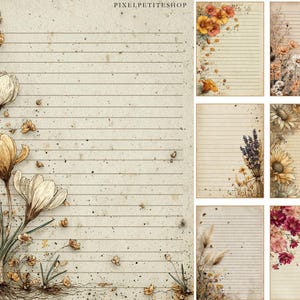 May include: A collection of lined stationery pages with floral designs. The pages feature a vintage aesthetic with watercolor illustrations of flowers in shades of yellow, orange, and purple. The text "PIXELPETITESHOP" is visible.