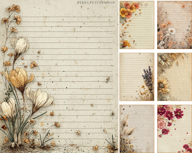 May include: A collection of lined stationery pages with floral designs. The pages feature a vintage aesthetic with watercolor illustrations of flowers in shades of yellow, orange, and purple. The text "PIXELPETITESHOP" is visible.