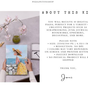May include: A digital kit featuring 40 pages with an illustration of a person in a straw hat and yellow skirt by the sea. Text includes PIXELPETITESHOP, ABOUT THIS KIT, YOU WILL RECEIVE 40 DIGITAL PAGES, SIZE: 2550X3300 PX | 8.5X11 IN, 300 DPI, THANK YOU, Joni.
