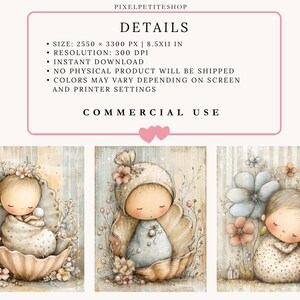 May include: A digital art set featuring three illustrations of infants in soft beige and blue tones. The text includes PIXELPETITESHOP, DETAILS, SIZE: 2550 X 3300 PX | 8.5X11 IN, RESOLUTION: 300 DPI, INSTANT DOWNLOAD, NO PHYSICAL PRODUCT, and COMMERCIAL USE.