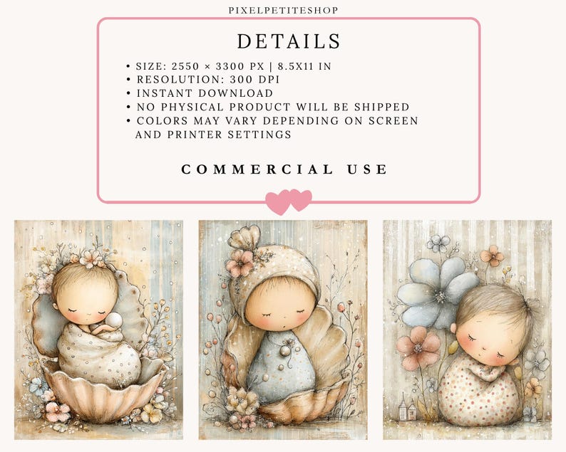 May include: A digital art set featuring three illustrations of infants in soft beige and blue tones. The text includes PIXELPETITESHOP, DETAILS, SIZE: 2550 X 3300 PX | 8.5X11 IN, RESOLUTION: 300 DPI, INSTANT DOWNLOAD, NO PHYSICAL PRODUCT, and COMMERCIAL USE.