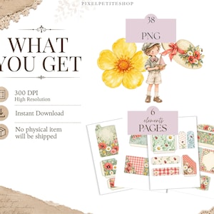 May include: A digital collection featuring 38 PNG files and 6 element pages. The graphics include a watercolor illustration of a child holding a toy boat, a large yellow flower, a straw hat with red flowers, and various floral patterned paper tags.