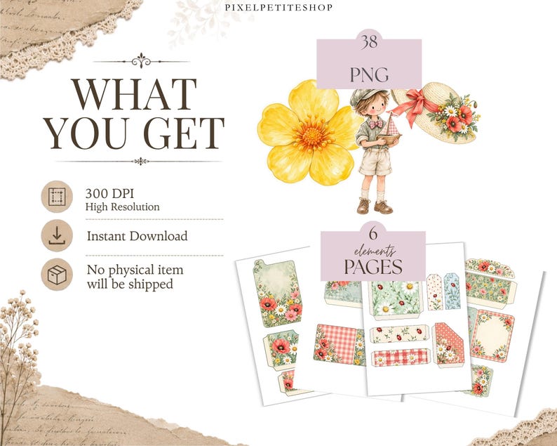 May include: A digital collection featuring 38 PNG files and 6 element pages. The graphics include a watercolor illustration of a child holding a toy boat, a large yellow flower, a straw hat with red flowers, and various floral patterned paper tags.