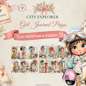 May include: A digital download set of 40 printable journal pages titled City Explorer Girl Journal Pages, featuring illustrations of a character with large eyes wearing a helmet on a scooter, surrounded by floral accents and a vintage envelope.