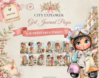 May include: A digital download set of 40 printable journal pages titled City Explorer Girl Journal Pages, featuring illustrations of a character with large eyes wearing a helmet on a scooter, surrounded by floral accents and a vintage envelope.
