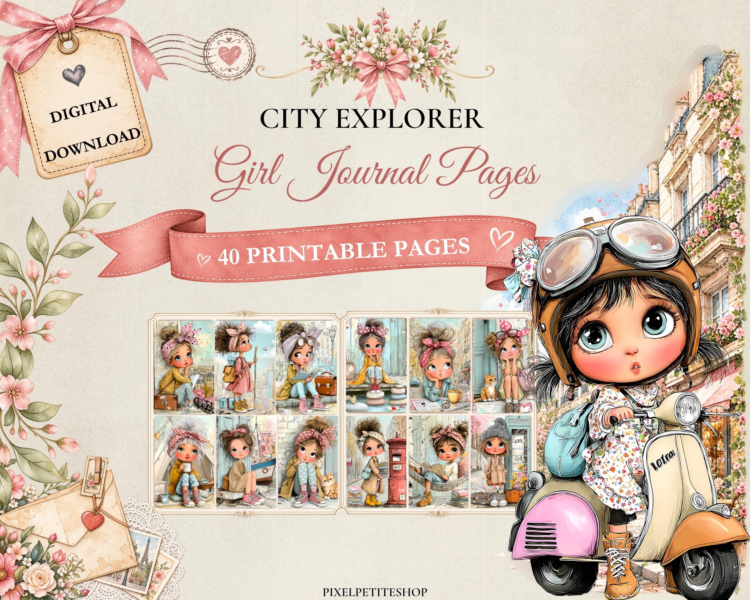 Preview of City Explorer Girl — 40 Printable Travel Journal Pages