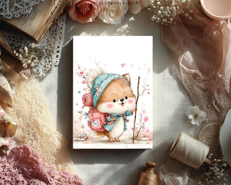 Peut inclure: Illustration &agrave; l'aquarelle d'un renard mignon portant un bonnet et une &eacute;charpe bleus, avec un sac &agrave; dos rose et un b&acirc;ton de marche. Le renard est entour&eacute; de fleurs et de c&oelig;urs roses, avec une couverture roul&eacute;e. L'image a un aspect fantaisiste et de conte de f&eacute;es.