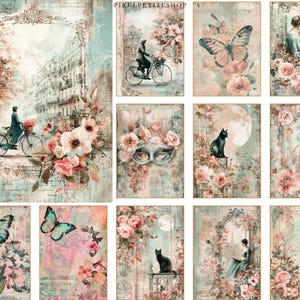 Puede incluir: Una colecci&oacute;n de l&aacute;minas art&iacute;sticas de estilo vintage con escenas rom&aacute;nticas. Las l&aacute;minas muestran im&aacute;genes de mariposas, flores, una persona en bicicleta, un gato y figuras leyendo, todo en suaves colores pastel. El fondo tiene un aspecto envejecido y desgastado.