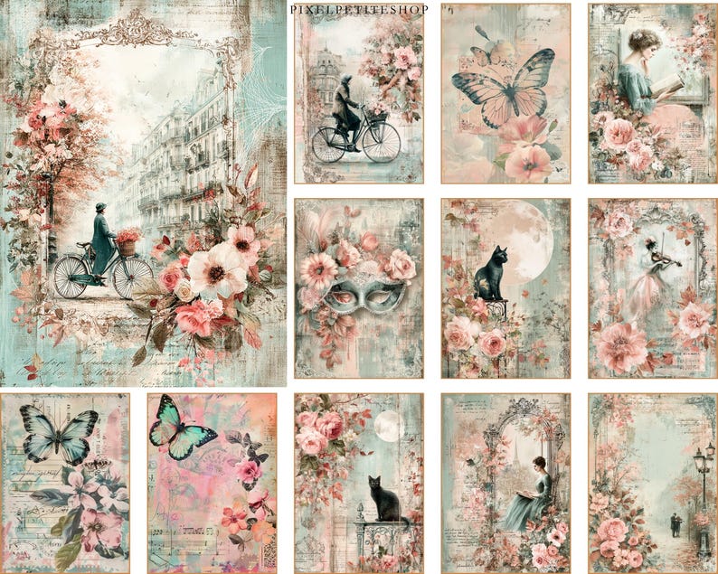 Puede incluir: Una colecci&oacute;n de l&aacute;minas art&iacute;sticas de estilo vintage con escenas rom&aacute;nticas. Las l&aacute;minas muestran im&aacute;genes de mariposas, flores, una persona en bicicleta, un gato y figuras leyendo, todo en suaves colores pastel. El fondo tiene un aspecto envejecido y desgastado.