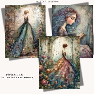 May include: Three digital art prints featuring fantasy illustrations. One shows a figure in a teal gown, another a portrait of a person with flowing blue hair reading a book, and the third a figure in a multi-colored gown standing among flowers.