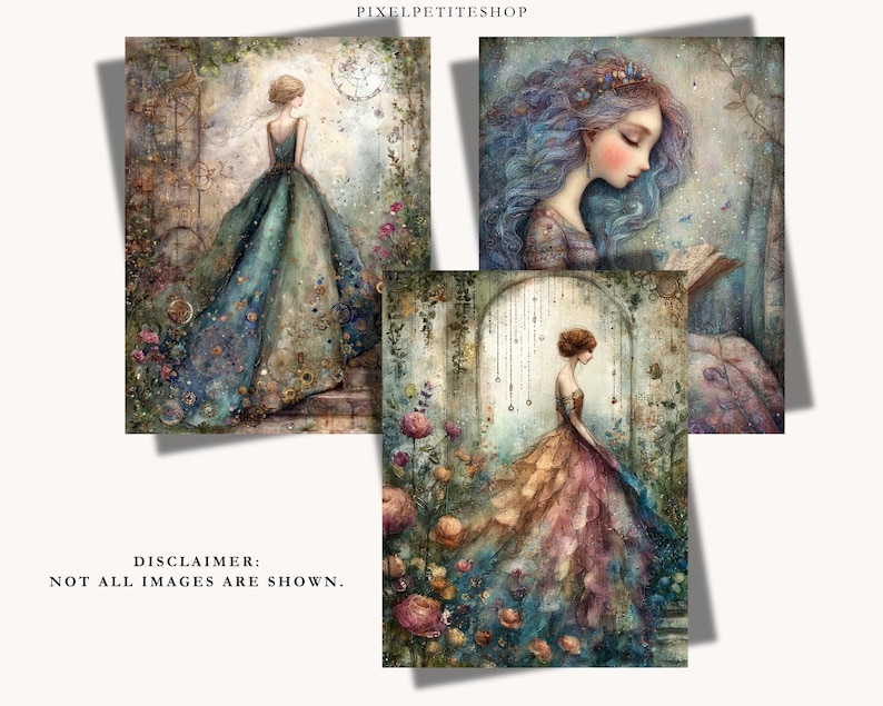 May include: Three digital art prints featuring fantasy illustrations. One shows a figure in a teal gown, another a portrait of a person with flowing blue hair reading a book, and the third a figure in a multi-colored gown standing among flowers.