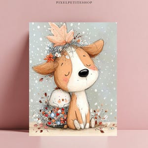 May include: A digital illustration print featuring a tan and white puppy with closed eyes, wearing a crown of autumn leaves and small flowers. A small white bird sits in a nest of twigs and colorful flowers beside the puppy against a snowy background.