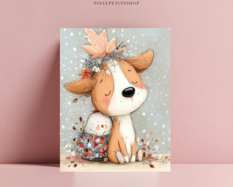 May include: A digital illustration print featuring a tan and white puppy with closed eyes, wearing a crown of autumn leaves and small flowers. A small white bird sits in a nest of twigs and colorful flowers beside the puppy against a snowy background.