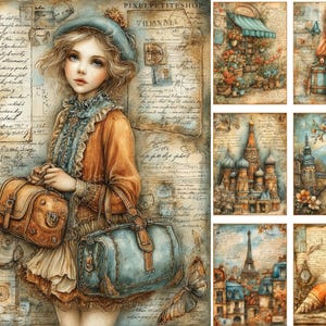May include: A vintage-style illustration featuring a young girl in a blue hat and orange jacket, holding two leather bags. The background is a collage of aged paper with handwritten script and stamps. Additional images depict travel scenes.