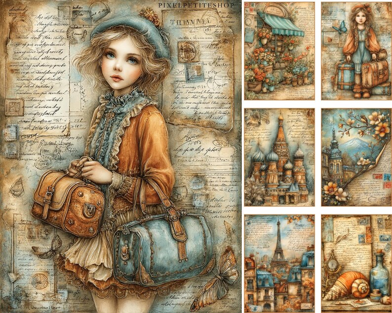 May include: A vintage-style illustration featuring a young girl in a blue hat and orange jacket, holding two leather bags. The background is a collage of aged paper with handwritten script and stamps. Additional images depict travel scenes.