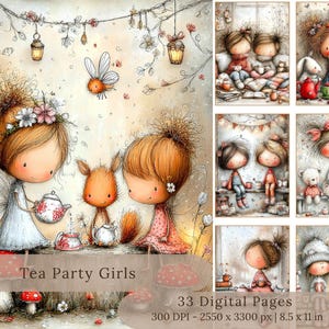 Puede incluir: Ilustraci&oacute;n en acuarela con chicas caprichosas, una ardilla y un hada en una fiesta de t&eacute;. La imagen incluye una tetera, tazas de t&eacute; y elementos decorativos. Texto: "Tea Party Girls" y "33 Digital Pages, 21,6 x 27,9 cm."