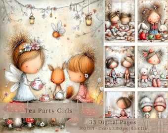 May include: Watercolor illustration featuring whimsical girls, a squirrel, and a fairy, gathered for a tea party. The image includes a teapot, teacups, and decorative elements. Text reads "Tea Party Girls" and "33 Digital Pages, 8.5 x 11 in."