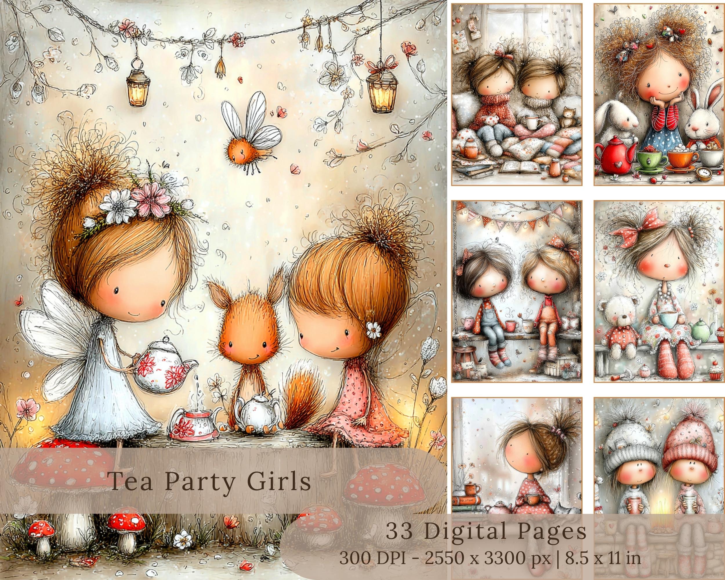 Preview of Storybook Tea Party Girls — 33 Printable Journal Pages