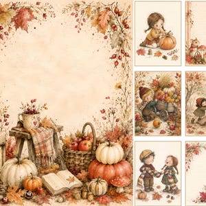 Op de afbeelding: Een set briefpapier met herfstachtige illustraties. De ontwerpen bevatten een grote rand met pompoenen, een lantaarn, een mand met appels en kleinere panelen met kinderen, een muis en een stinkdier in een herfstachtige omgeving.