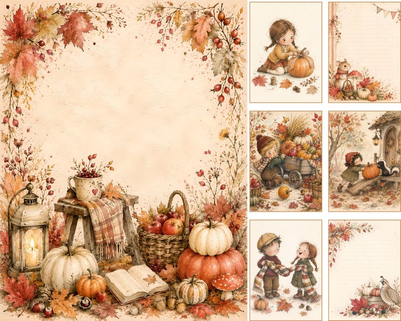 Op de afbeelding: Een set briefpapier met herfstachtige illustraties. De ontwerpen bevatten een grote rand met pompoenen, een lantaarn, een mand met appels en kleinere panelen met kinderen, een muis en een stinkdier in een herfstachtige omgeving.