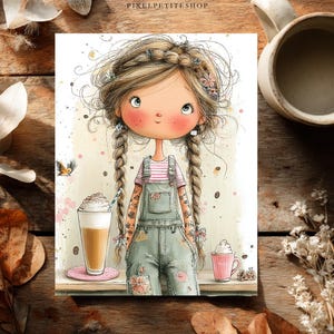 Puede incluir: Una ilustraci&oacute;n caprichosa de una persona con el pelo largo rubio trenzado que lleva un peto vaquero verde sobre una camiseta de rayas rosas y blancas. El personaje est&aacute; junto a un vaso alto de caf&eacute; helado y una peque&ntilde;a taza rosa.