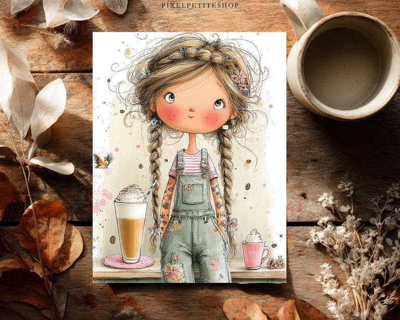 Puede incluir: Una ilustraci&oacute;n caprichosa de una persona con el pelo largo rubio trenzado que lleva un peto vaquero verde sobre una camiseta de rayas rosas y blancas. El personaje est&aacute; junto a un vaso alto de caf&eacute; helado y una peque&ntilde;a taza rosa.