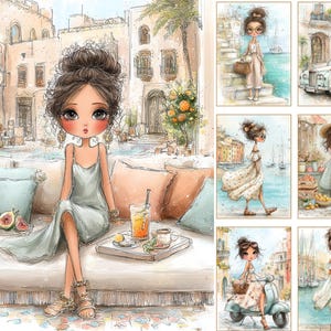 Puede incluir: Ilustraci&oacute;n en acuarela de una mujer con un vestido verde claro sentada en un sof&aacute; con almohadas, higos y una bebida. La imagen tiene un entorno de caf&eacute; europeo con ilustraciones adicionales de mujeres con vestidos.