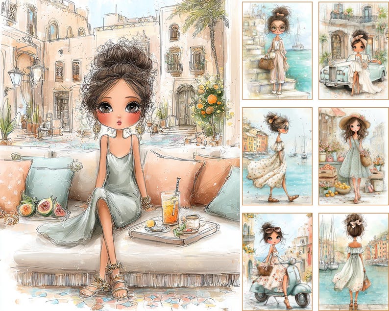 Puede incluir: Ilustraci&oacute;n en acuarela de una mujer con un vestido verde claro sentada en un sof&aacute; con almohadas, higos y una bebida. La imagen tiene un entorno de caf&eacute; europeo con ilustraciones adicionales de mujeres con vestidos.