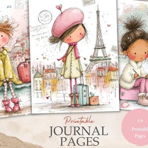 以下が含まれることがあります： エッフェル塔のあるパリの女の子など、旅行中のキャラクターを描いた3種類の水彩画風イラストを含む、59枚の印刷可能なジャーナルページコレクション。全体的に柔らかなパステルカラーで、手書き風のスクリプトが添えられています。