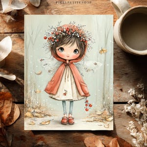 May include: A whimsical illustration of a fairy-like figure in a red hooded cloak and a floral crown. The artwork features a soft color palette with a forest backdrop, autumn leaves, and a cup of coffee.