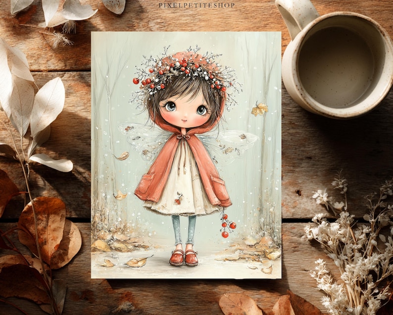 May include: A whimsical illustration of a fairy-like figure in a red hooded cloak and a floral crown. The artwork features a soft color palette with a forest backdrop, autumn leaves, and a cup of coffee.