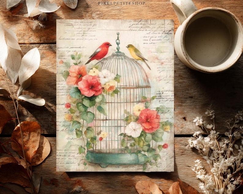 May include: A rectangular print featuring a vintage-style birdcage adorned with vibrant red, pink, and white flowers and green leaves. Two small birds, one red and one yellow, are perched on top of the cage against a background of script text.