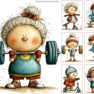 May include: A collection of whimsical illustrations featuring an elderly person engaged in various activities. The main image shows the person lifting weights. Other images depict the person roller skating, skateboarding, lifting weights, dancing, riding a scooter, and listening to music.