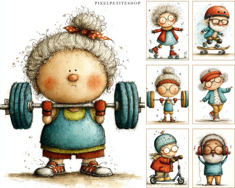 May include: A collection of whimsical illustrations featuring an elderly person engaged in various activities. The main image shows the person lifting weights. Other images depict the person roller skating, skateboarding, lifting weights, dancing, riding a scooter, and listening to music.