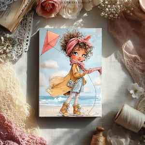 May include: A watercolor illustration of a young person with curly hair, wearing a pink scarf and headband, a yellow coat, and boots, holding a kite. The background shows a beach scene with a blue sky and ocean.