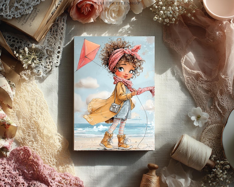 May include: A watercolor illustration of a young person with curly hair, wearing a pink scarf and headband, a yellow coat, and boots, holding a kite. The background shows a beach scene with a blue sky and ocean.