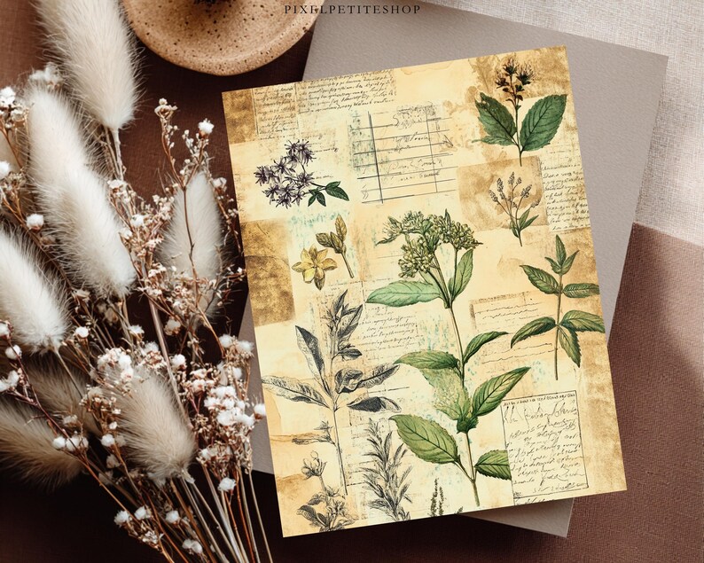 May include: A botanical print featuring various plant illustrations in green and beige tones. The print has a vintage aesthetic with handwritten script and floral elements. The text "PIXIEPETITESHOP" is visible at the top.