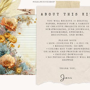 May include: Digital paper kit featuring floral designs in shades of orange, yellow, and blue. The kit includes 31 digital papers for creative projects. The text on the image says "About This Kit" and "Instant Download". The paper size is 8.5x11 inches.