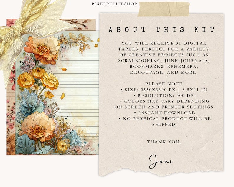 May include: Digital paper kit featuring floral designs in shades of orange, yellow, and blue. The kit includes 31 digital papers for creative projects. The text on the image says "About This Kit" and "Instant Download". The paper size is 8.5x11 inches.