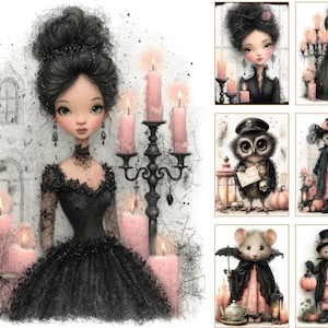 May include: A collection of digital illustrations featuring a character with dark hair in a black lace gown, an owl with a letter, a mouse with an umbrella, and figures in black and pink attire, all accented with pink candles and spiderwebs.