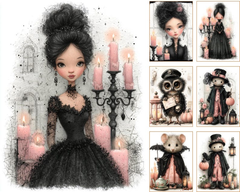 May include: A collection of digital illustrations featuring a character with dark hair in a black lace gown, an owl with a letter, a mouse with an umbrella, and figures in black and pink attire, all accented with pink candles and spiderwebs.