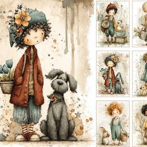 Pode incluir: Ilustra&ccedil;&otilde;es em aquarela em estilo vintage retratando crian&ccedil;as e animais. A imagem principal apresenta uma crian&ccedil;a com um cachorro, flores e uma cesta de tulipas. Outras imagens mostram crian&ccedil;as com animais de estima&ccedil;&atilde;o e flores.