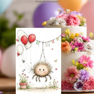 May include: A whimsical watercolor illustration of a smiling, furry creature hanging from a string with balloons. The image includes a decorated cake with flowers and balloons in the background. The text "PIXELPETITESHOP" is at the top.