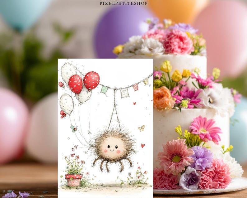 May include: A whimsical watercolor illustration of a smiling, furry creature hanging from a string with balloons. The image includes a decorated cake with flowers and balloons in the background. The text "PIXELPETITESHOP" is at the top.