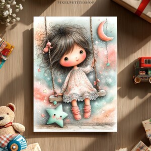 May include: A whimsical illustration of a girl on a swing, set against a dreamy, pastel background with stars and a crescent moon. The girl wears a pink dress and socks, with a smiling star-shaped friend. The image is from PixelPetiteShop.